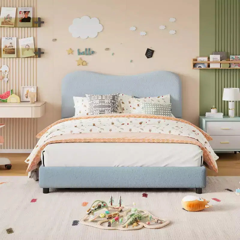 Cadre de lit enfant en velours avec tête de lit - Lit plateforme bas pour adolescents, pas besoin de sommier tapissier, tissu douillet, silencieux et facile à assembler