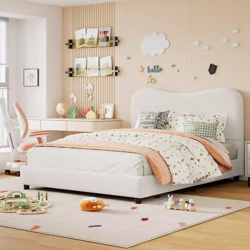 Cadre de lit enfant en velours avec tête de lit - Lit plateforme bas pour adolescents, pas besoin de sommier tapissier, tissu douillet, silencieux et facile à assembler