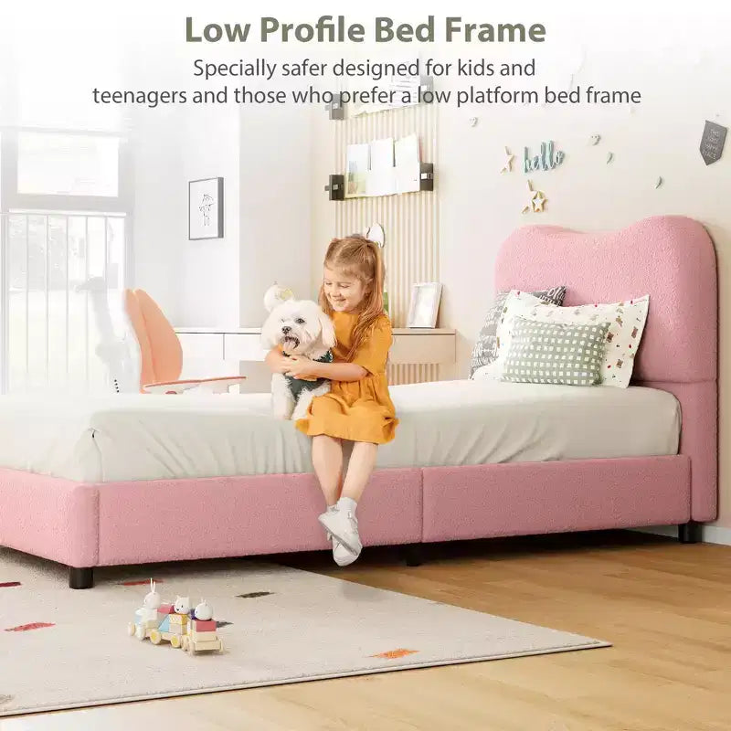 Cadre de lit enfant en velours avec tête de lit - Lit plateforme bas pour adolescents, pas besoin de sommier tapissier, tissu douillet, silencieux et facile à assembler