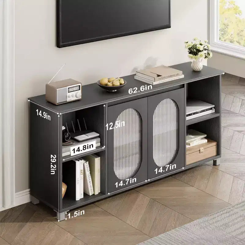 Meuble TV de 159 cm avec portes en verre ondulé, meuble TV rustique pour salon avec 2 armoires et 4 étagères ouvertes - Console en bois