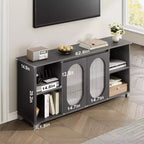 Meuble TV de 159 cm avec portes en verre ondulé, meuble TV rustique pour salon avec 2 armoires et 4 étagères ouvertes - Console en bois
