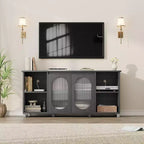 Meuble TV de 159 cm avec portes en verre ondulé, meuble TV rustique pour salon avec 2 armoires et 4 étagères ouvertes - Console en bois