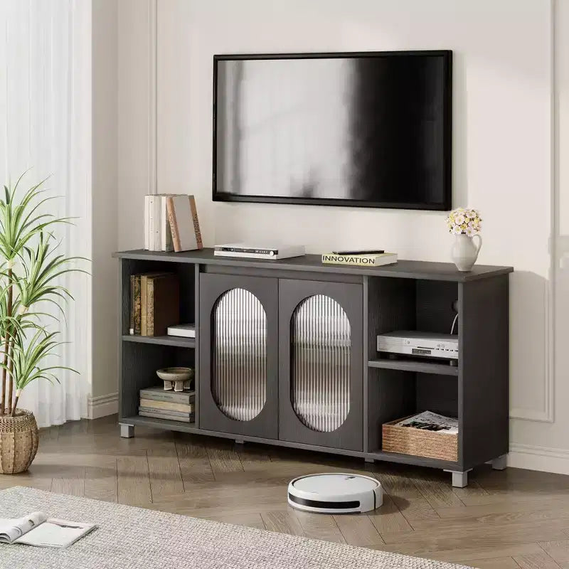 Meuble TV de 159 cm avec portes en verre ondulé, meuble TV rustique pour salon avec 2 armoires et 4 étagères ouvertes - Console en bois