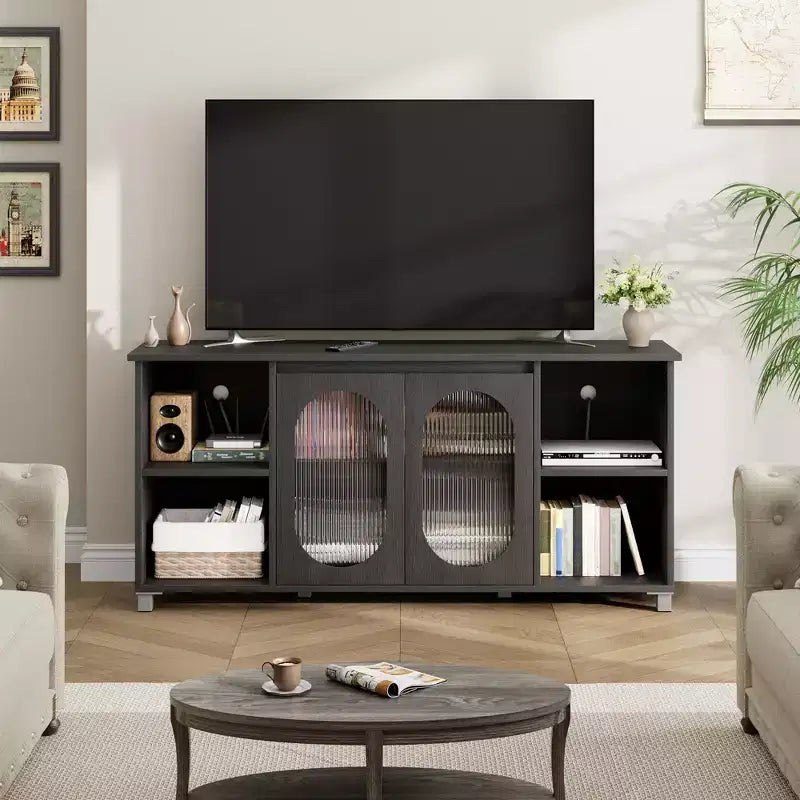 Meuble TV de 159 cm avec portes en verre ondulé, meuble TV rustique pour salon avec 2 armoires et 4 étagères ouvertes - Console en bois