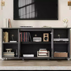 Meuble TV de 159 cm avec portes en verre ondulé, meuble TV rustique pour salon avec 2 armoires et 4 étagères ouvertes - Console en bois