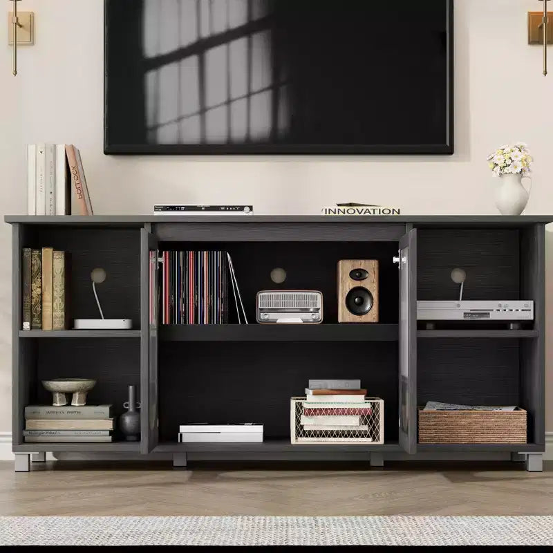 Meuble TV de 159 cm avec portes en verre ondulé, meuble TV rustique pour salon avec 2 armoires et 4 étagères ouvertes - Console en bois
