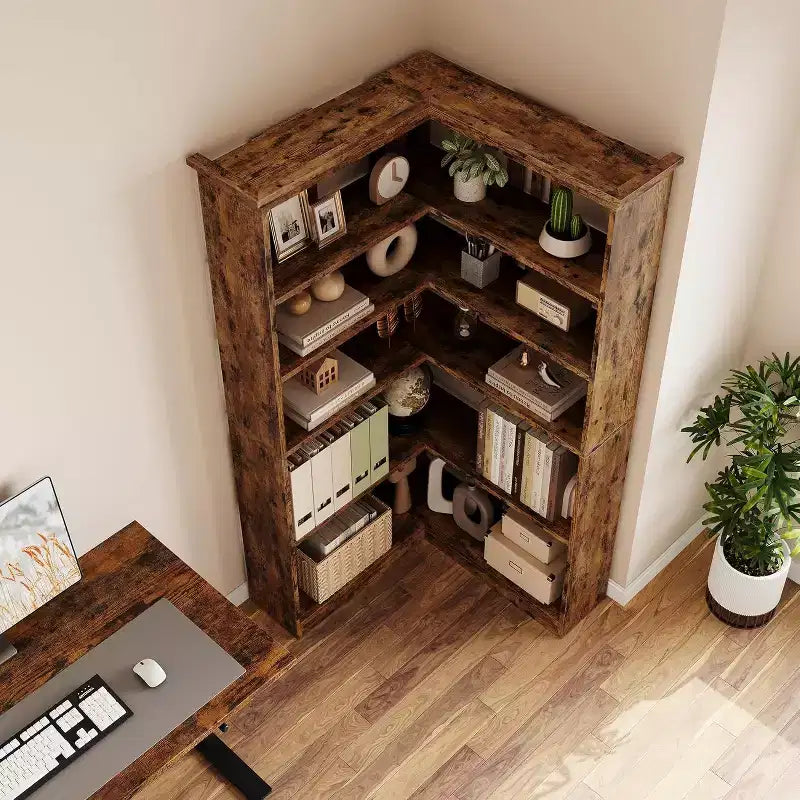 Étagère d'angle en forme de L de 73 po – Étagère de style rustique à 5 niveaux avec capacité de 60 lb, panneaux en MDF épaissi