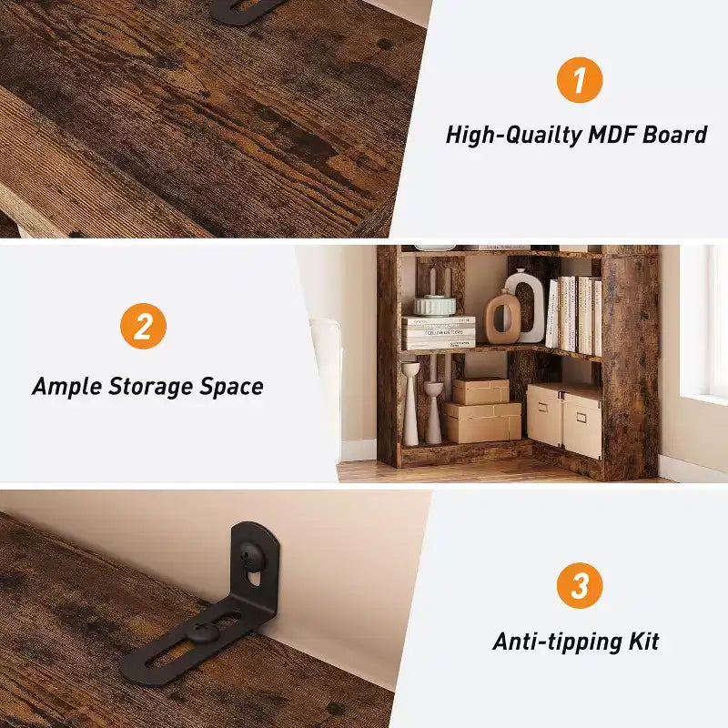 Étagère d'angle en forme de L de 73 po – Étagère de style rustique à 5 niveaux avec capacité de 60 lb, panneaux en MDF épaissi