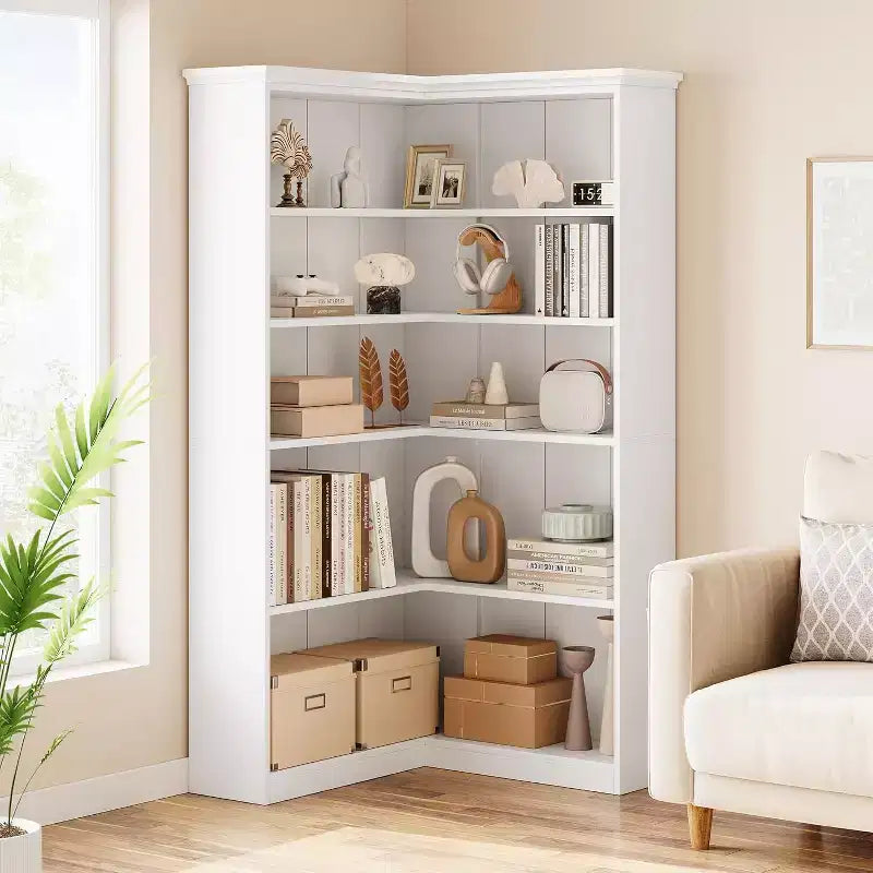 Étagère d'angle en forme de L de 73 po – Étagère de style rustique à 5 niveaux avec capacité de 60 lb, panneaux en MDF épaissi