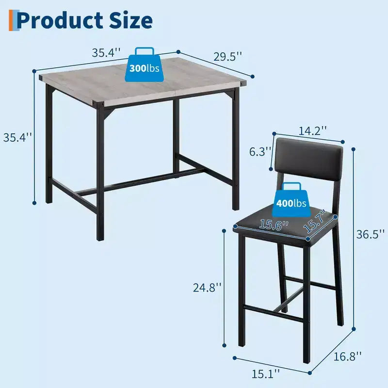Ensemble de salle à manger pour 2 personnes avec repose-pieds et dossier, table à hauteur de comptoir avec 2 chaises de bar rembourrées, ensemble de table de cuisine avec protection d'angle