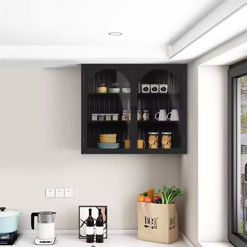 Meuble Mural 2 Portes Okak avec Motif Tressé, 3 Étages de Rangement et Portes en Verre pour Entrée/Salle à Manger/Salon/Cuisine