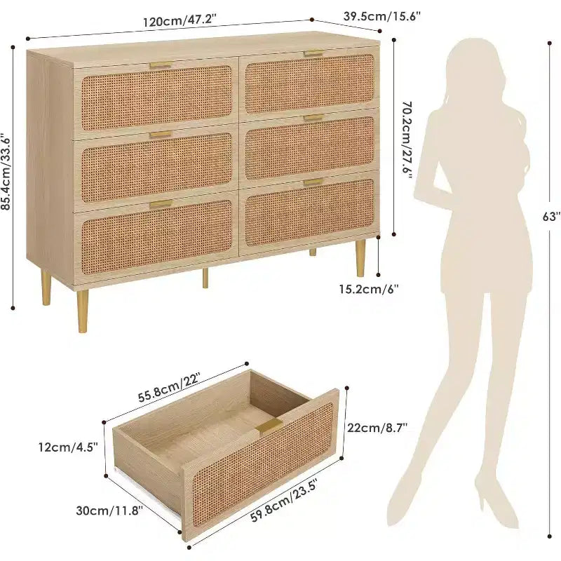 Commode double à 6 tiroirs - Grand plateau, grande capacité de rangement pour chambre à coucher ou salon