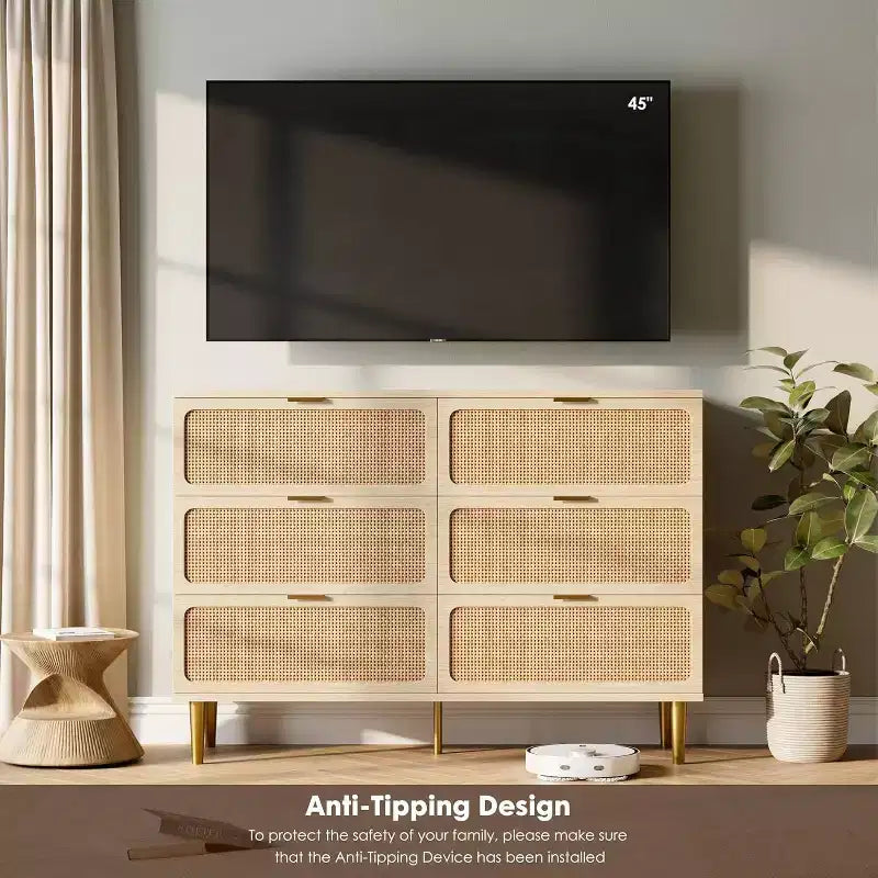 Commode double à 6 tiroirs - Grand plateau, grande capacité de rangement pour chambre à coucher ou salon