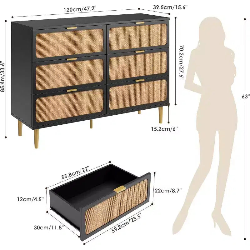 Commode double à 6 tiroirs - Grand plateau, grande capacité de rangement pour chambre à coucher ou salon