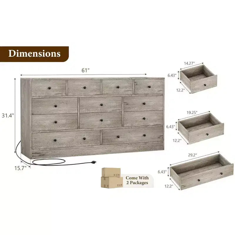 Commode 12 tiroirs pour chambre à coucher, commode en bois de 61 pouces avec prise électrique, grande commode à tiroirs