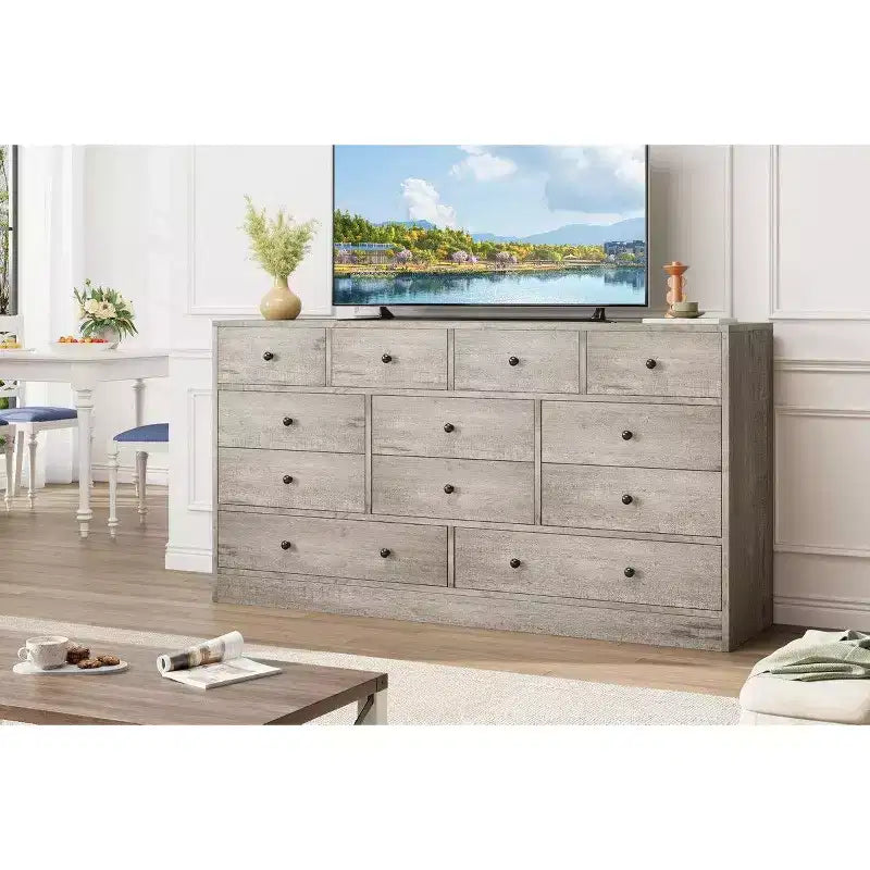Commode 12 tiroirs pour chambre à coucher, commode en bois de 61 pouces avec prise électrique, grande commode à tiroirs