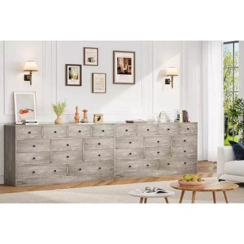 Commode 12 tiroirs pour chambre à coucher, commode en bois de 61 pouces avec prise électrique, grande commode à tiroirs
