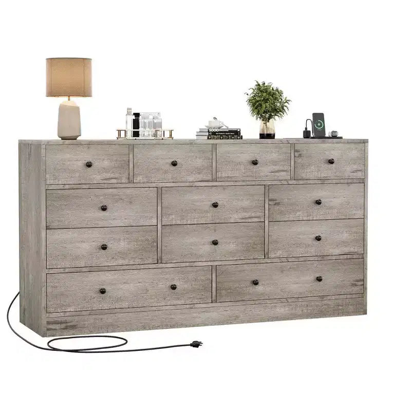Commode 12 tiroirs pour chambre à coucher, commode en bois de 61 pouces avec prise électrique, grande commode à tiroirs