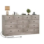 Commode 12 tiroirs pour chambre à coucher, commode en bois de 61 pouces avec prise électrique, grande commode à tiroirs