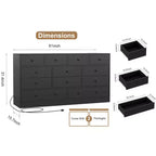 Commode 12 tiroirs pour chambre à coucher, commode en bois de 61 pouces avec prise électrique, grande commode à tiroirs