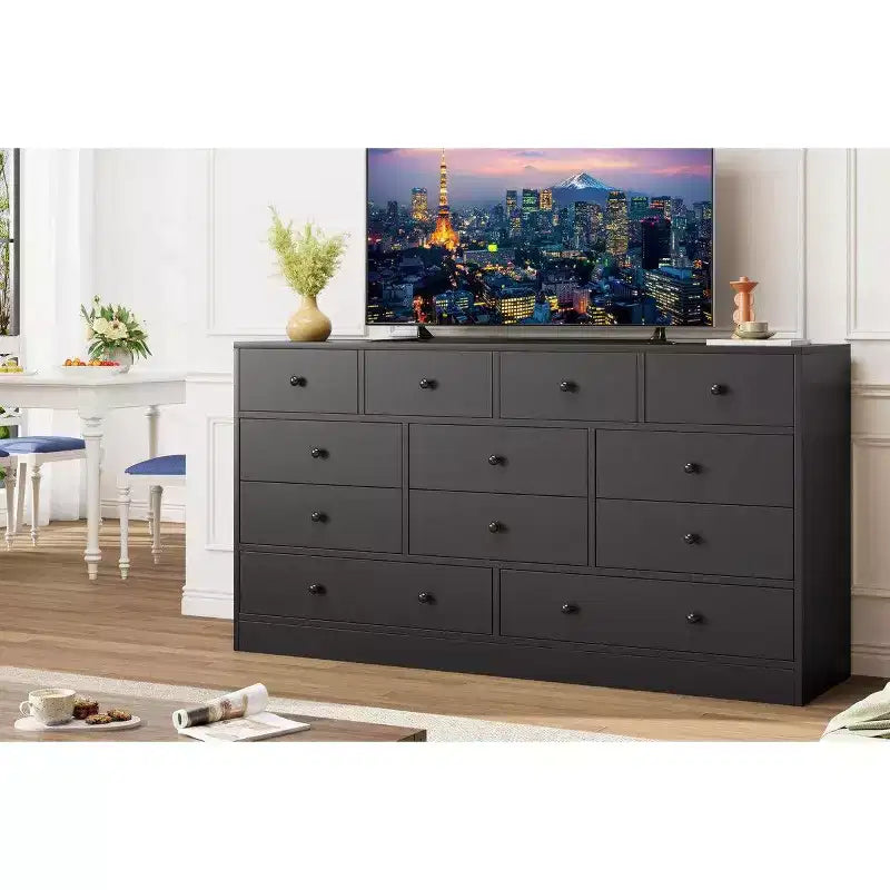 Commode 12 tiroirs pour chambre à coucher, commode en bois de 61 pouces avec prise électrique, grande commode à tiroirs