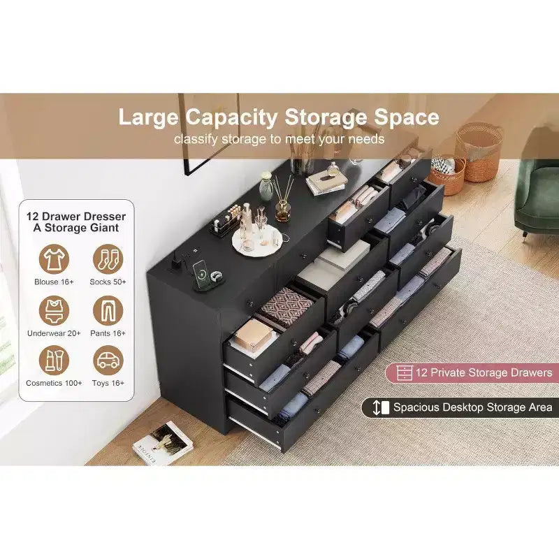 Commode 12 tiroirs pour chambre à coucher, commode en bois de 61 pouces avec prise électrique, grande commode à tiroirs