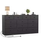 Commode 12 tiroirs pour chambre à coucher, commode en bois de 61 pouces avec prise électrique, grande commode à tiroirs