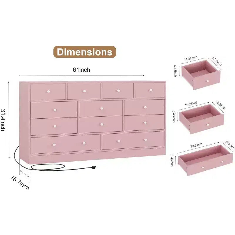 Commode 12 tiroirs pour chambre à coucher, commode en bois de 61 pouces avec prise électrique, grande commode à tiroirs