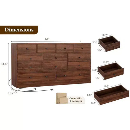 Commode 12 tiroirs pour chambre à coucher, commode en bois de 61 pouces avec prise électrique, grande commode à tiroirs