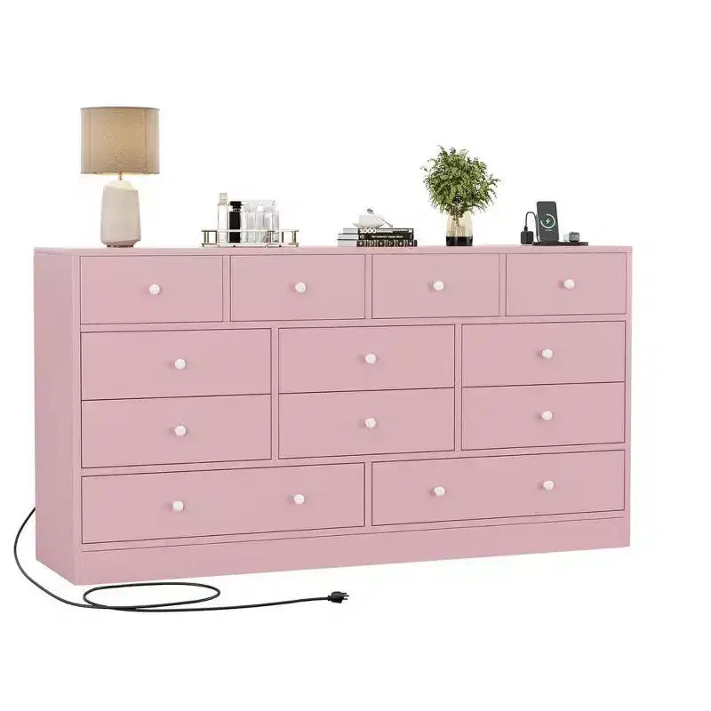 Commode 12 tiroirs pour chambre à coucher, commode en bois de 61 pouces avec prise électrique, grande commode à tiroirs