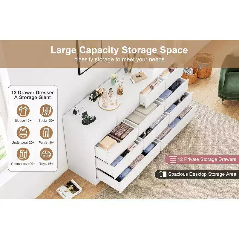 Commode 12 tiroirs pour chambre à coucher, commode en bois de 61 pouces avec prise électrique, grande commode à tiroirs