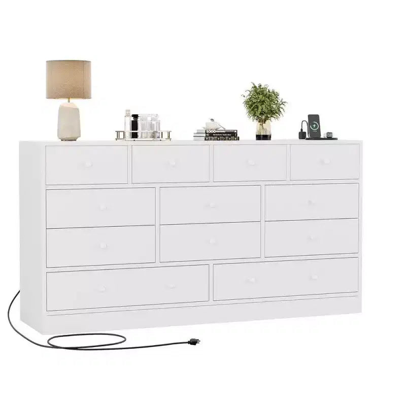 Commode 12 tiroirs pour chambre à coucher, commode en bois de 61 pouces avec prise électrique, grande commode à tiroirs
