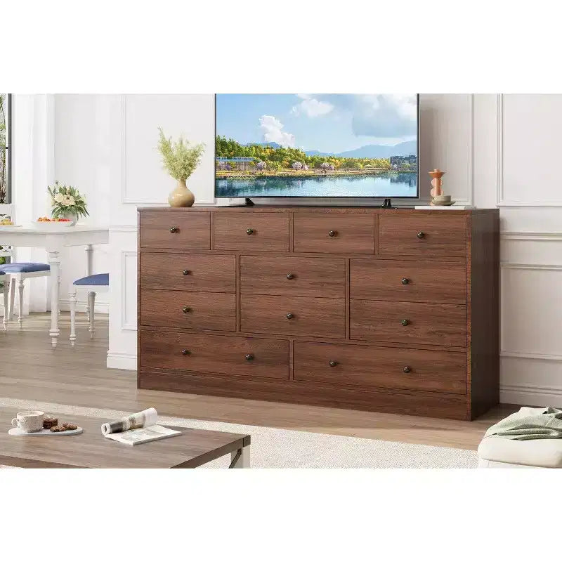 Commode 12 tiroirs pour chambre à coucher, commode en bois de 61 pouces avec prise électrique, grande commode à tiroirs