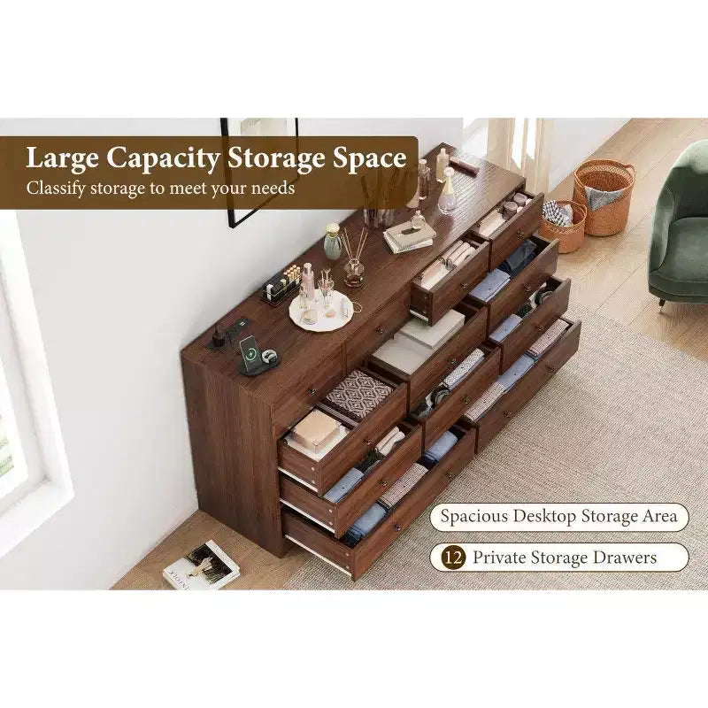 Commode 12 tiroirs pour chambre à coucher, commode en bois de 61 pouces avec prise électrique, grande commode à tiroirs