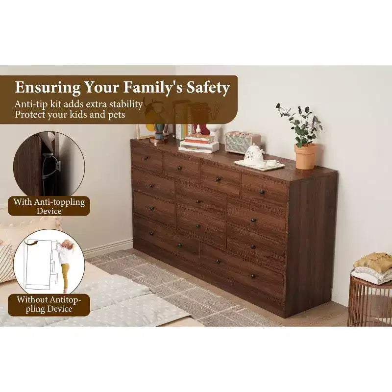 Commode 12 tiroirs pour chambre à coucher, commode en bois de 61 pouces avec prise électrique, grande commode à tiroirs