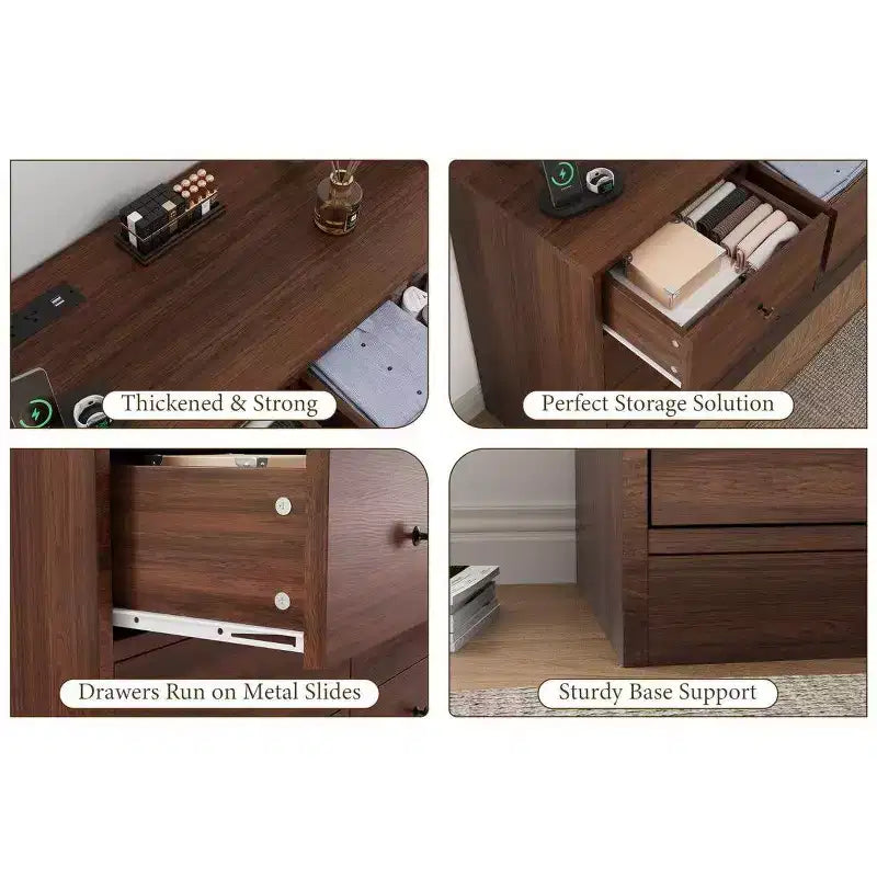 Commode 12 tiroirs pour chambre à coucher, commode en bois de 61 pouces avec prise électrique, grande commode à tiroirs