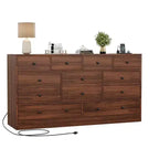 Commode 12 tiroirs pour chambre à coucher, commode en bois de 61 pouces avec prise électrique, grande commode à tiroirs