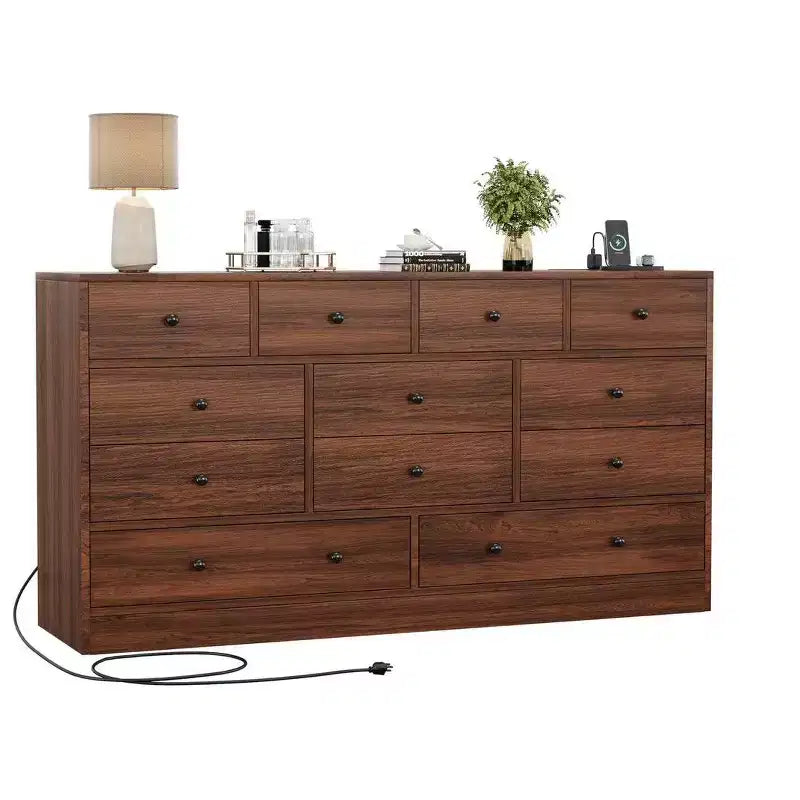 Commode 12 tiroirs pour chambre à coucher, commode en bois de 61 pouces avec prise électrique, grande commode à tiroirs