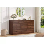 Commode 12 tiroirs pour chambre à coucher, commode en bois de 61 pouces avec prise électrique, grande commode à tiroirs