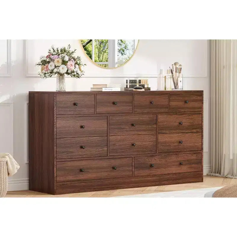 12 Drawer Dresser for Bedroom, 61 Inch Wood Dresser with Power Outlet, Wide Chest of Drawers