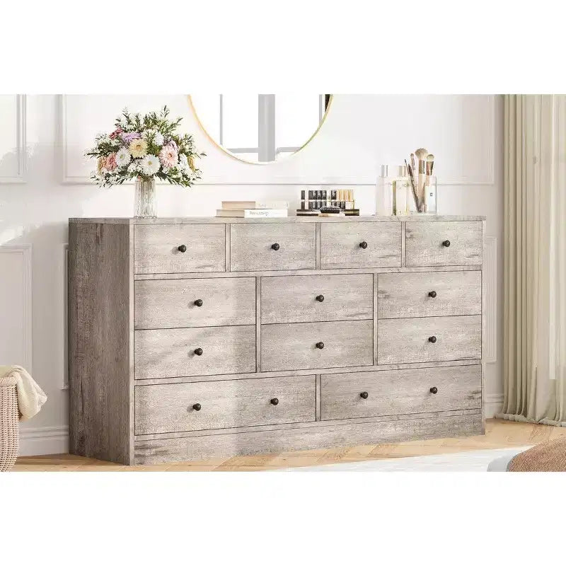 Commode 12 tiroirs pour chambre à coucher, commode en bois de 61 pouces avec prise électrique, grande commode à tiroirs