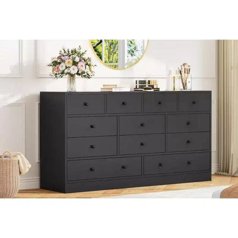 Commode 12 tiroirs pour chambre à coucher, commode en bois de 61 pouces avec prise électrique, grande commode à tiroirs