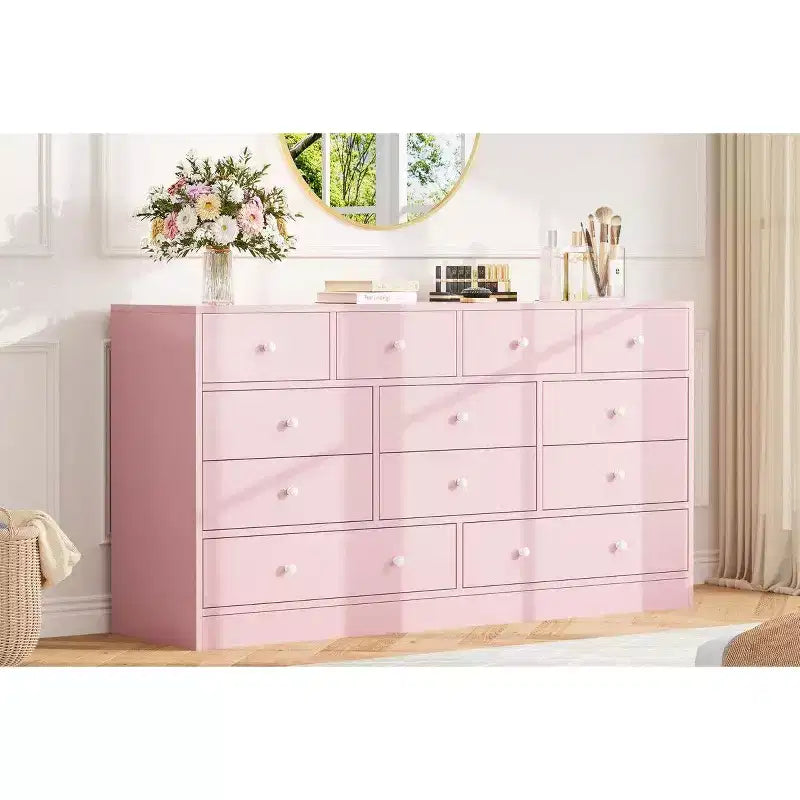 Commode 12 tiroirs pour chambre à coucher, commode en bois de 61 pouces avec prise électrique, grande commode à tiroirs