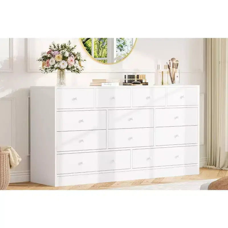 Commode 12 tiroirs pour chambre à coucher, commode en bois de 61 pouces avec prise électrique, grande commode à tiroirs