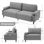 Canapé inclinable moderne en tissu de 205 cm pour salon, avec accoudoirs et coussins