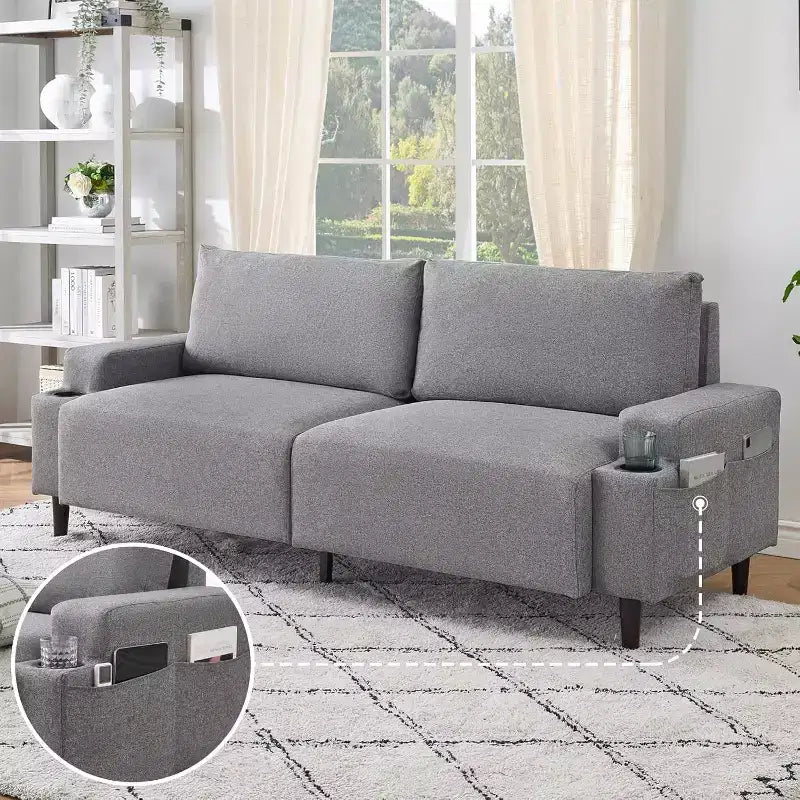 Canapé inclinable moderne en tissu de 205 cm pour salon, avec accoudoirs et coussins