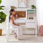 Bureau, huche et chaise pour enfants Guidecraft Avery - Blanc : Bureau d'ordinateur en bois pour enfants avec étagères de rangement et tiroirs, table d'étude et chaise pour filles