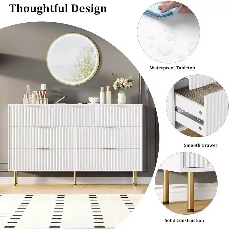 Commode à 7 tiroirs - Rangement en bois large avec poignées métalliques pour chambre et salon