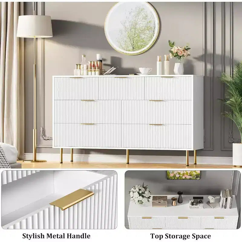 Commode à 7 tiroirs - Rangement en bois large avec poignées métalliques pour chambre et salon