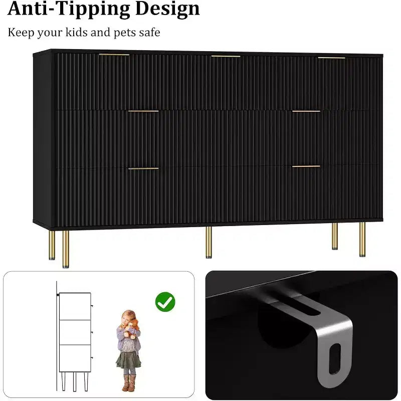 Commode à 7 tiroirs - Rangement en bois large avec poignées métalliques pour chambre et salon